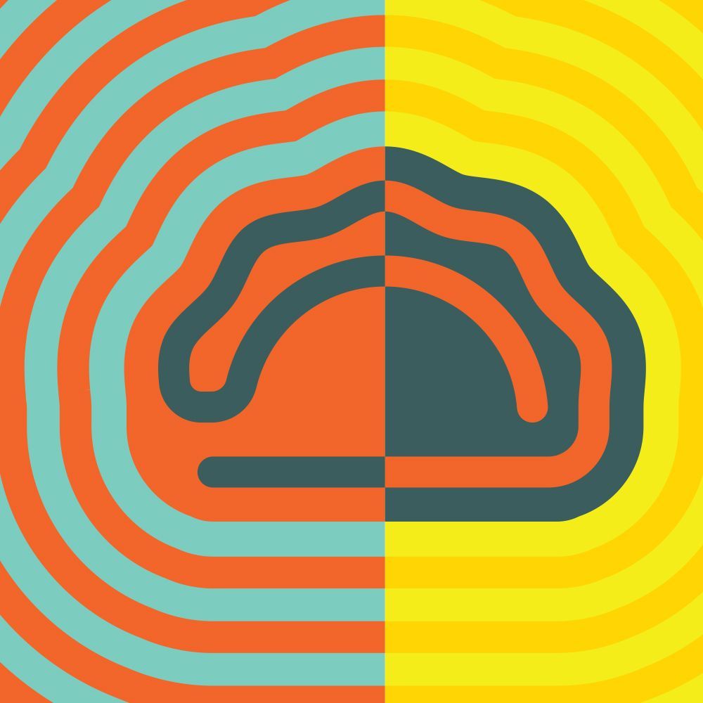 A blue and orange circle on a yellow background