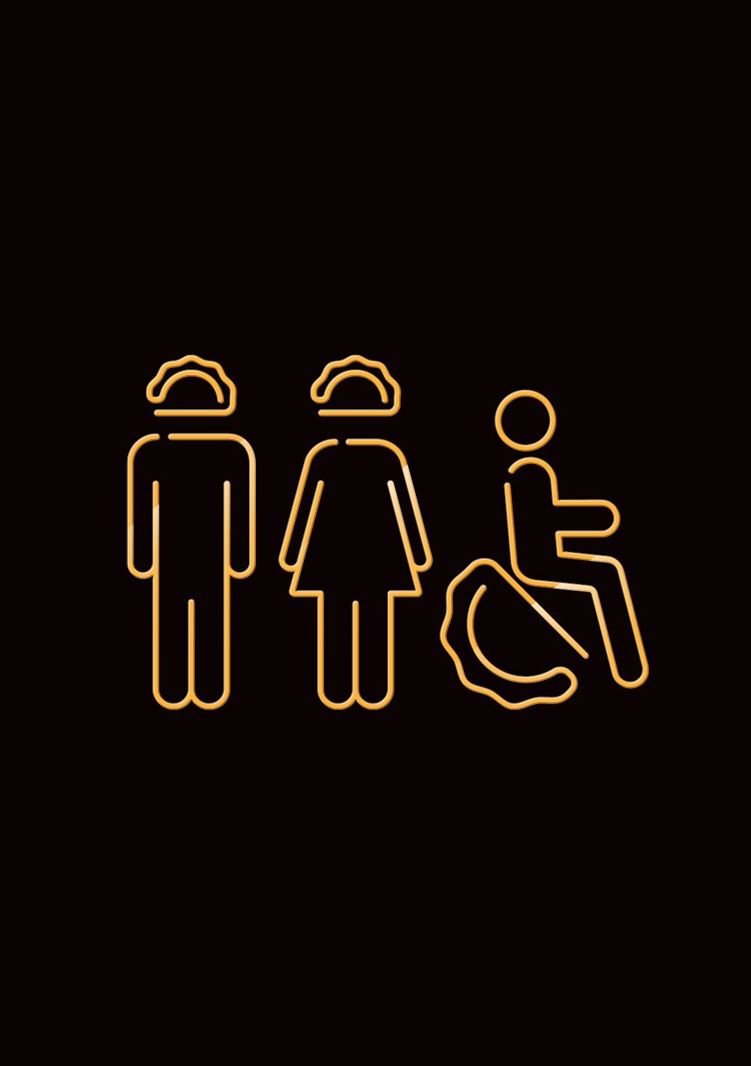 A line drawing of a man , a woman , and a man in a wheelchair.