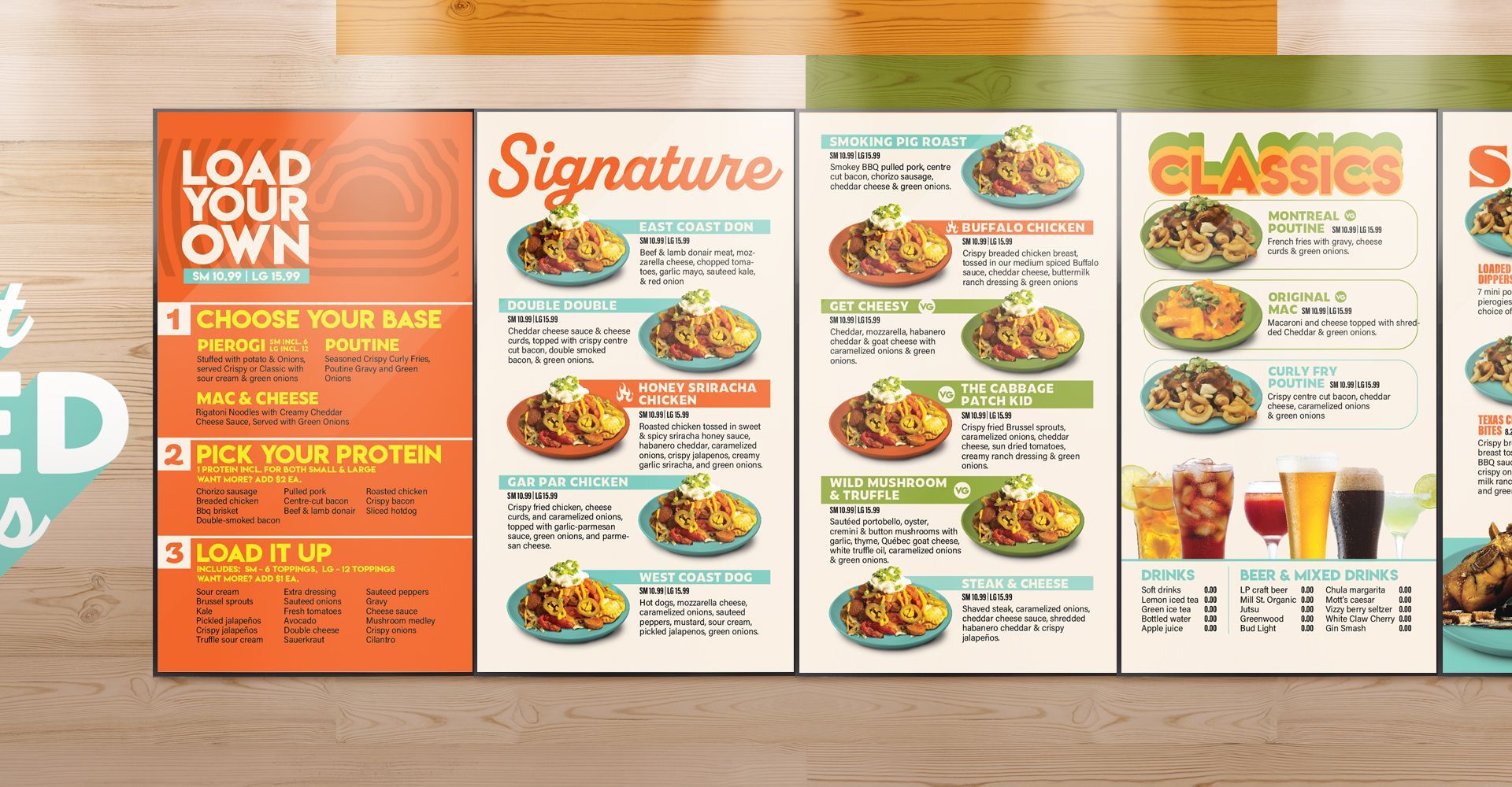 A menu for a restaurant with plates of food on it.