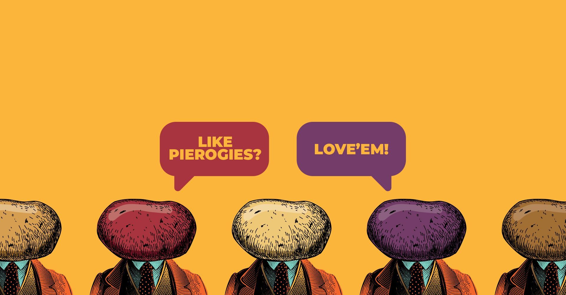 A group of people standing next to each other with speech bubbles that say like pierogies and love emi.