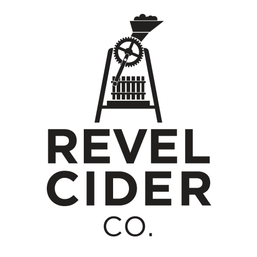 A black and white logo for revel cider co.