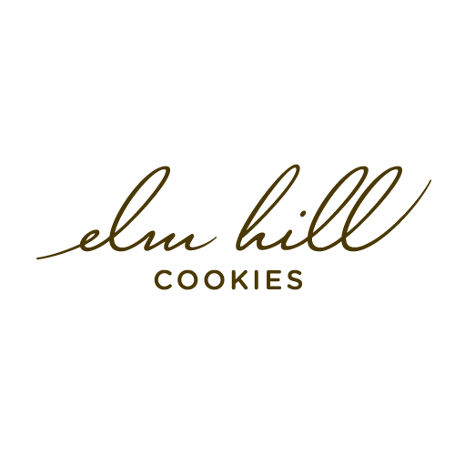 A logo for elm hill cookies on a white background