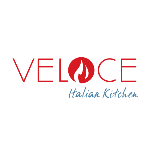 A red and white logo for veloce italian kitchen