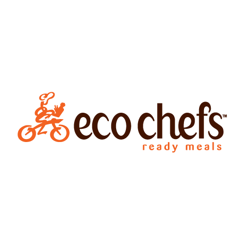 The logo for eco chefs ready meals shows a chef riding a bike.