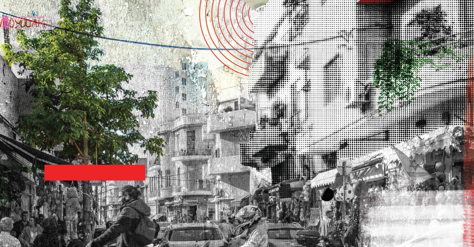 A black and white photo of a city with a red arrow pointing to the right.