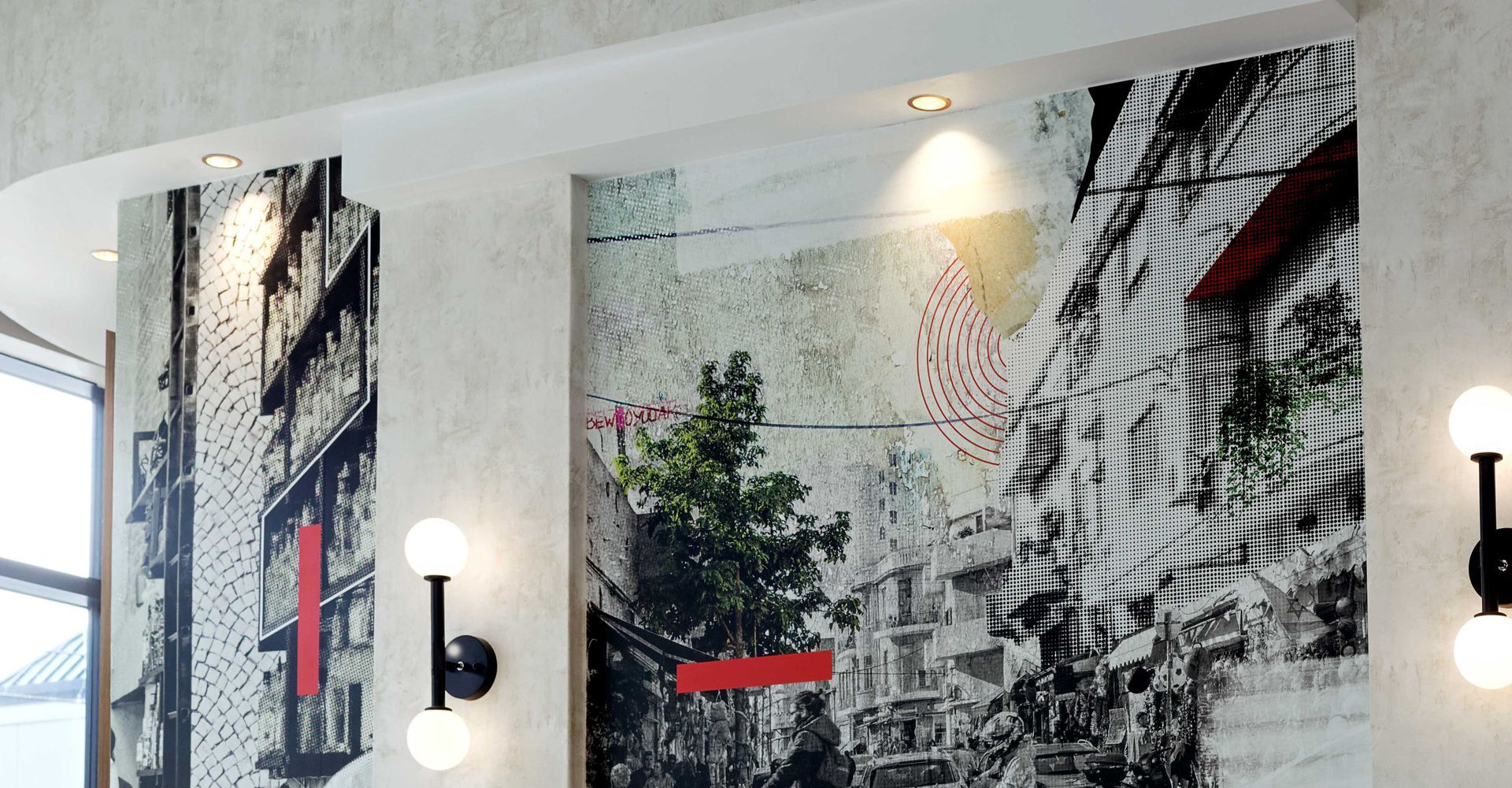 A wall with a picture of a city on it