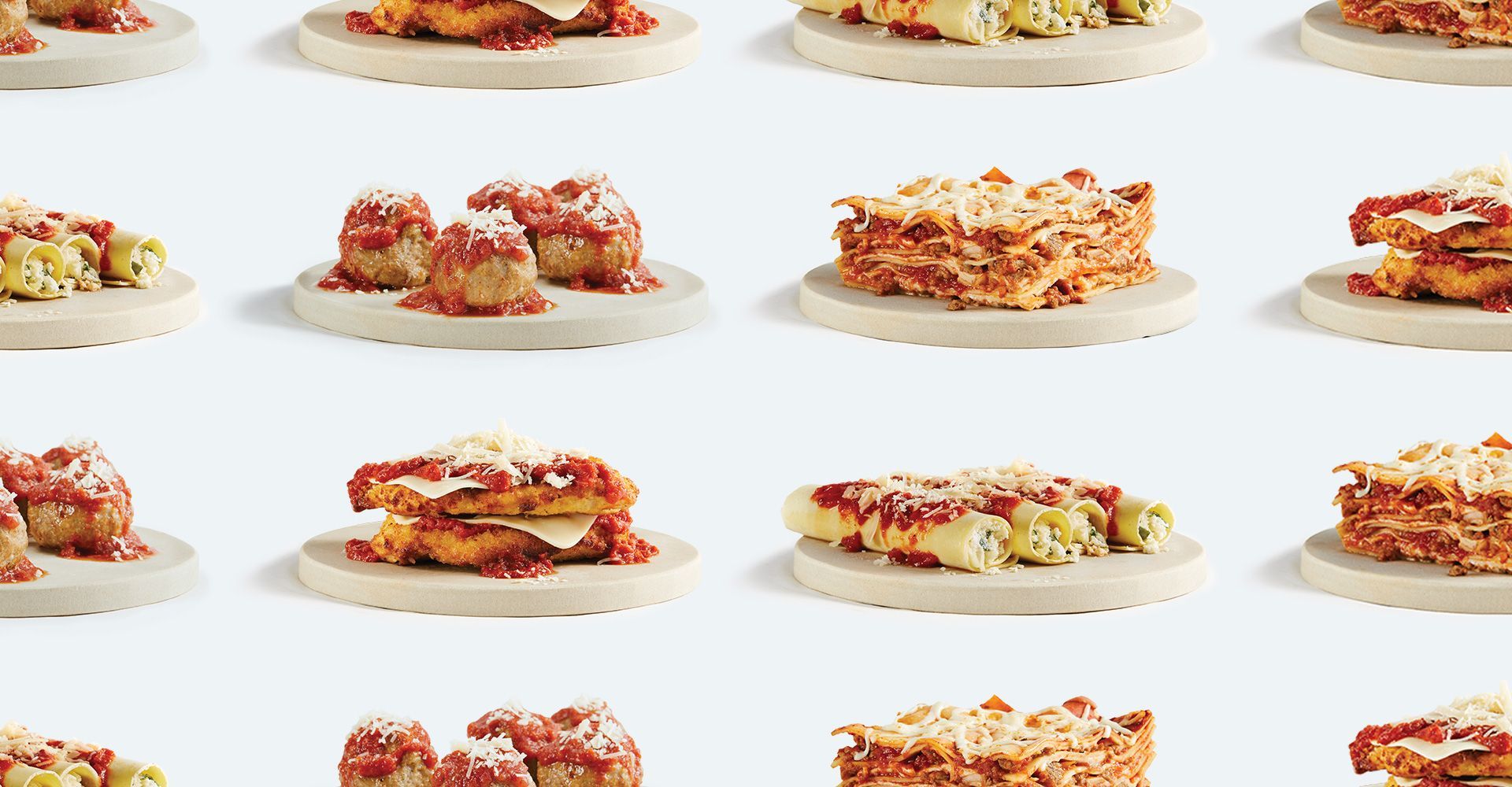 A collage of different types of food on plates on a white background.