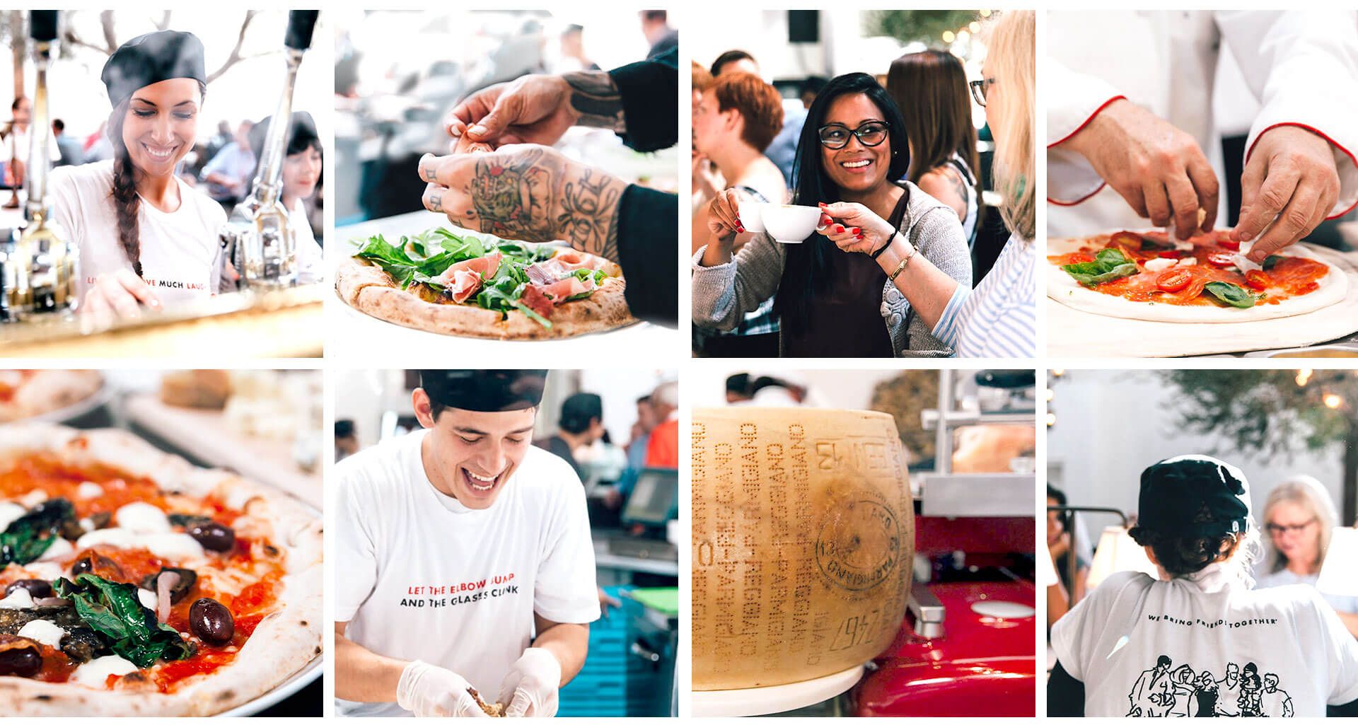 A collage of photos of people eating pizza and making pizza.