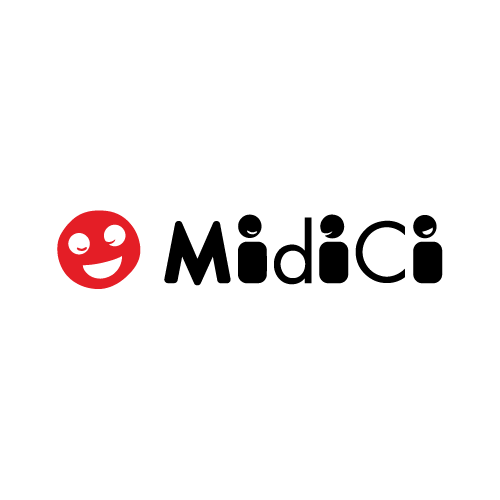 A logo for a company called midici with a smiling face.