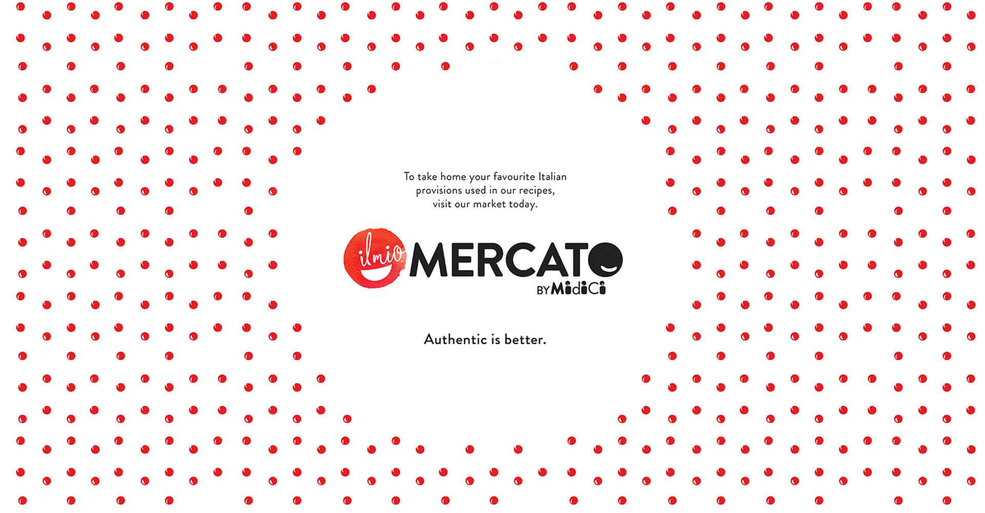 A white background with red dots and the word mercato on it