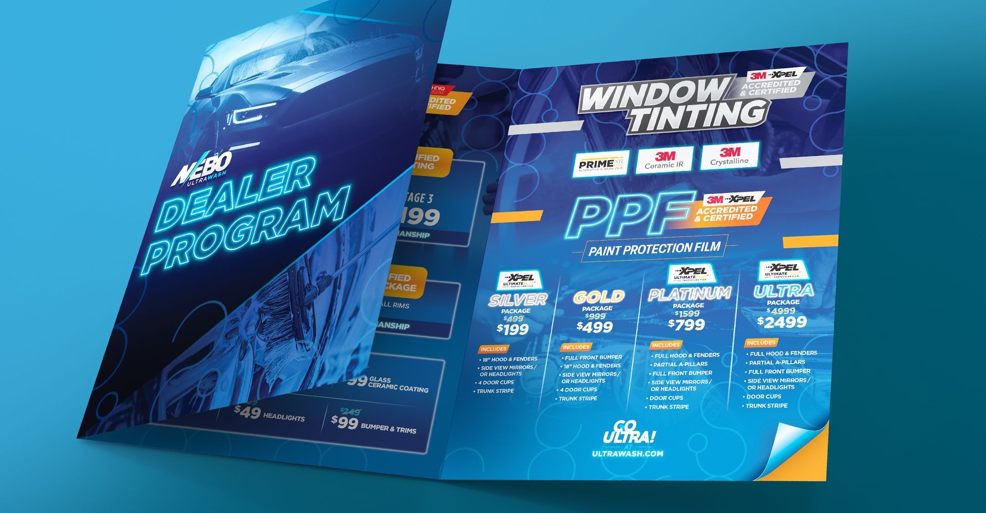 A brochure for a window tinting program is sitting on a blue surface.