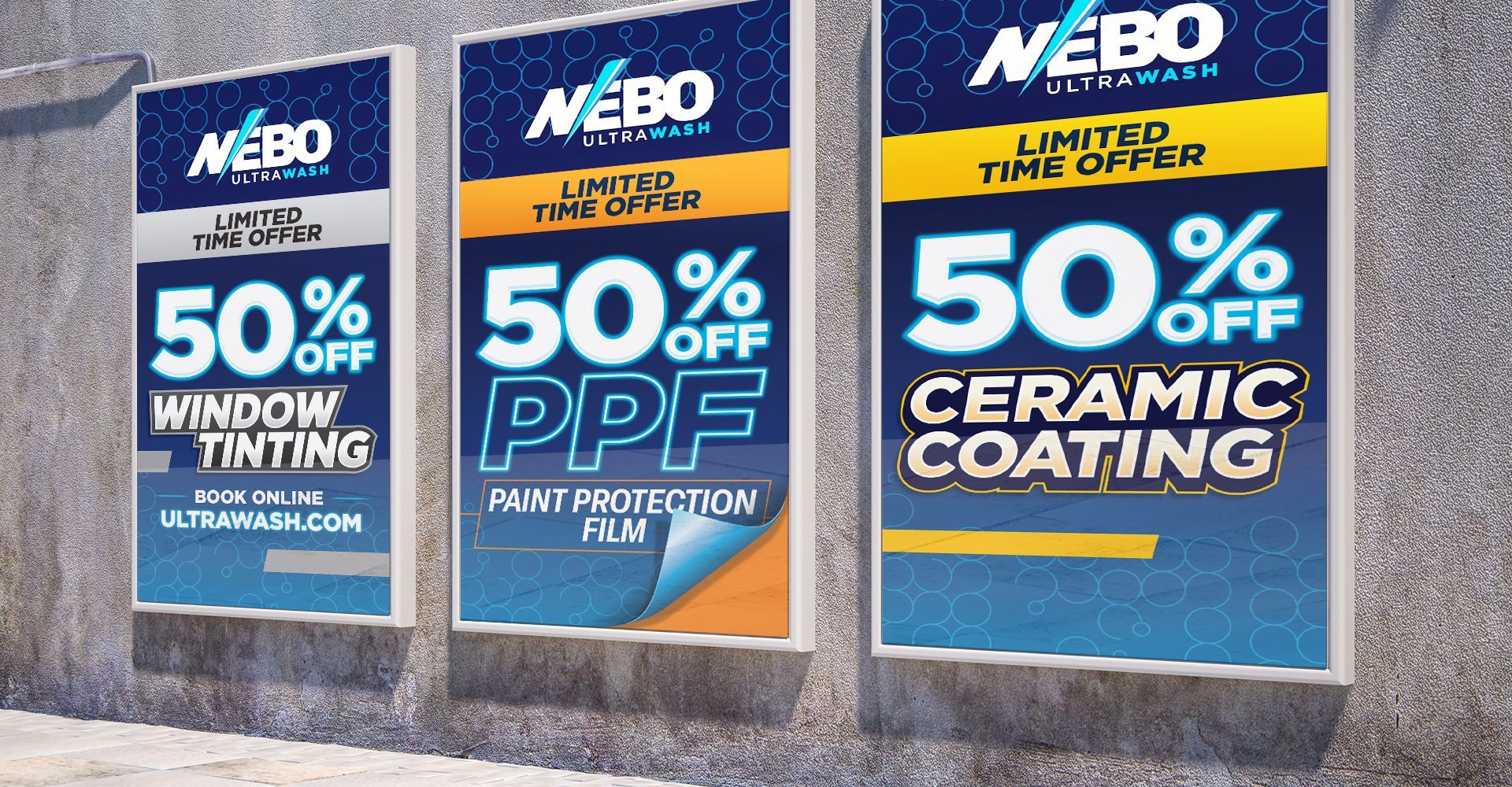 Three signs on a wall that say 50 % off window tinting 50 % off ppf and 50 % off ceramic coating