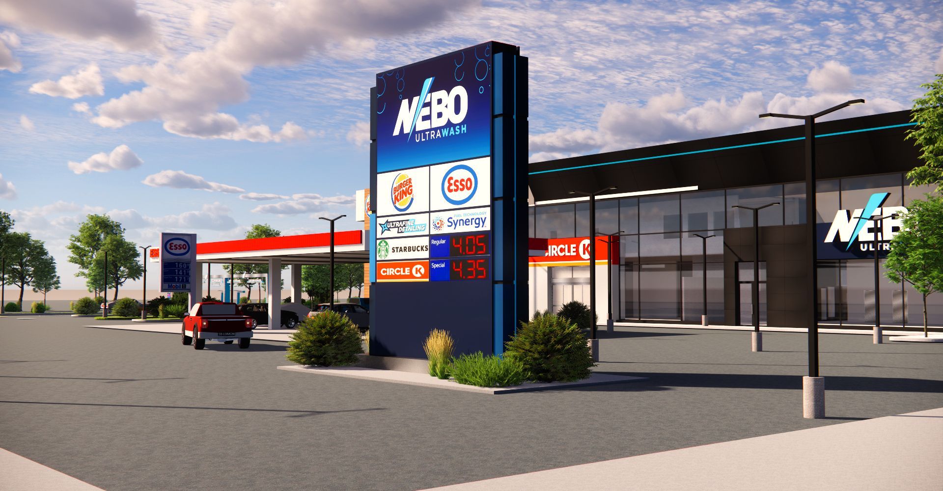 An artist 's impression of a gas station with a car parked in front of it.