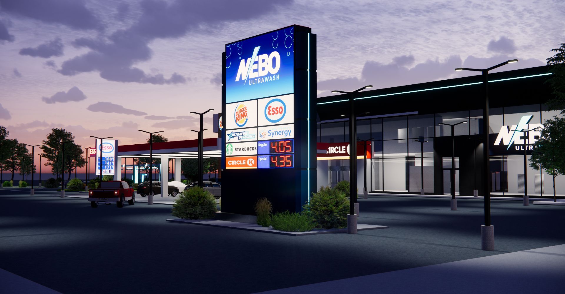 An artist 's impression of a gas station at night