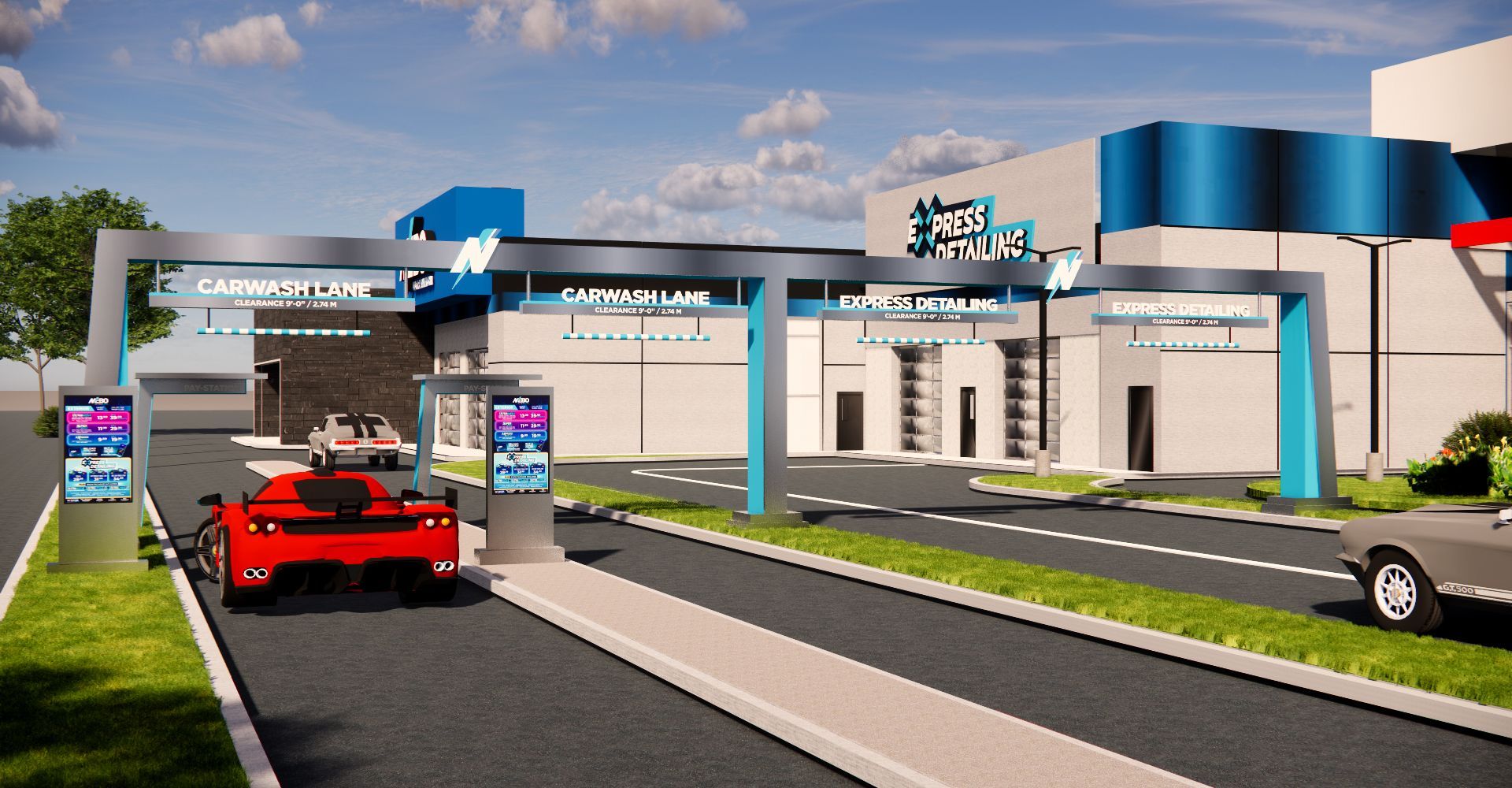 A red sports car is parked in front of a car wash.