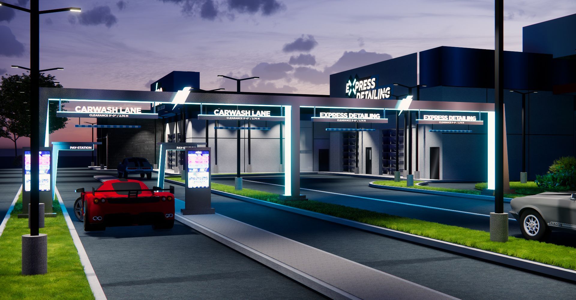 A red sports car is parked in front of a car wash.