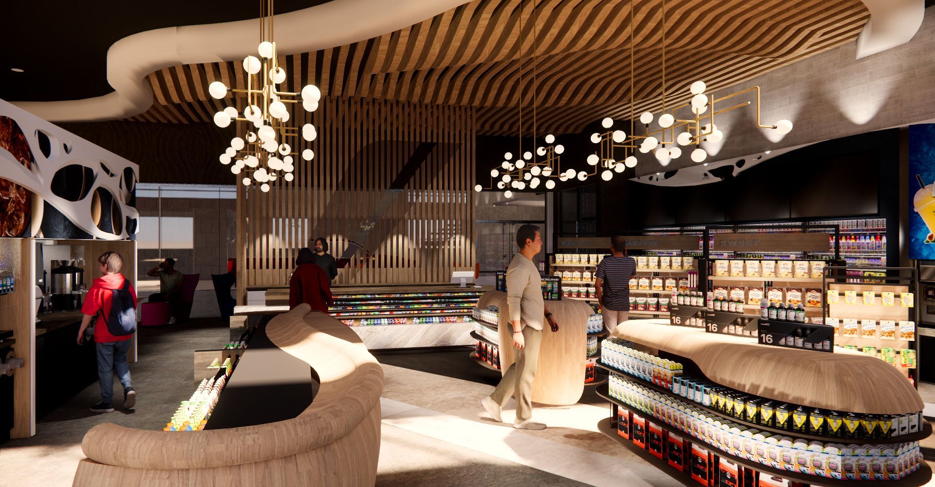An artist 's impression of the interior of a grocery store.