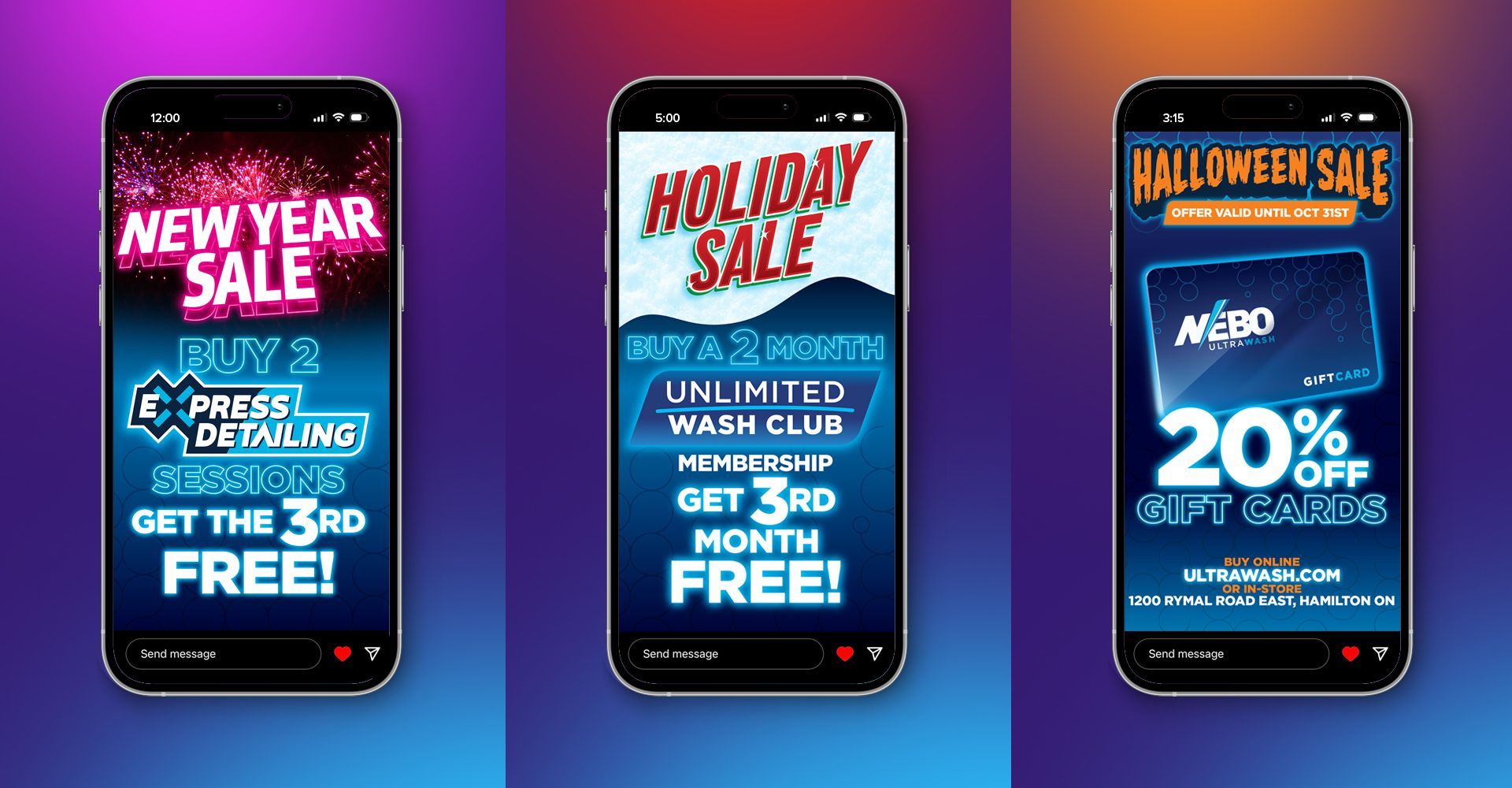 A collage of three cell phones with different advertisements on them.