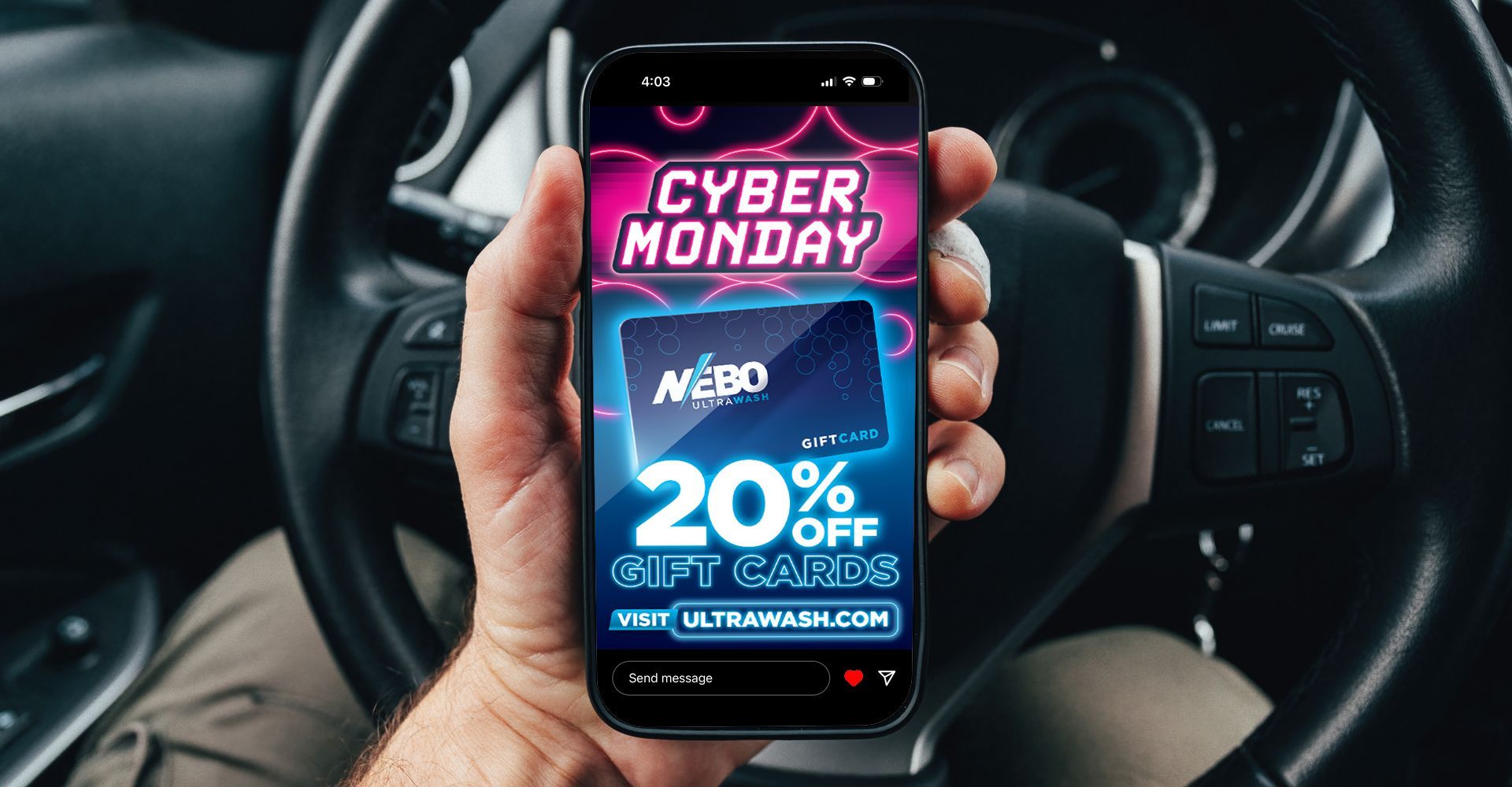 A person is holding a cell phone with a cyber monday advertisement on it.