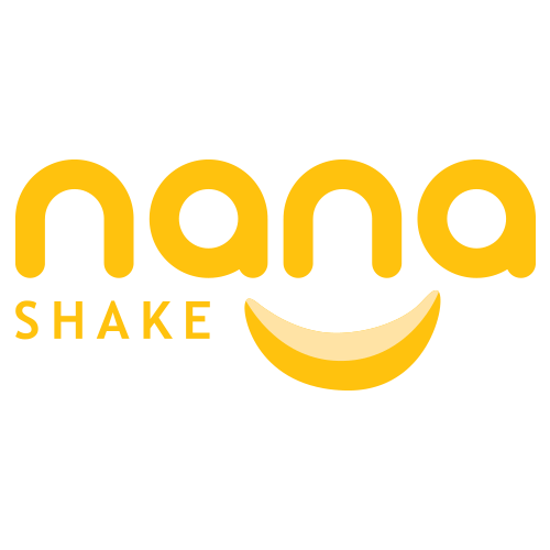 A yellow nana shake logo with a banana in the middle