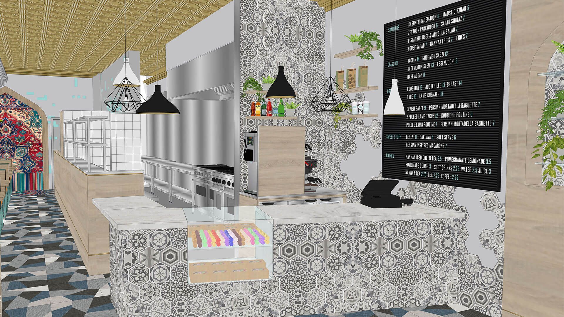 A computer generated image of a restaurant with a chalkboard on the wall.