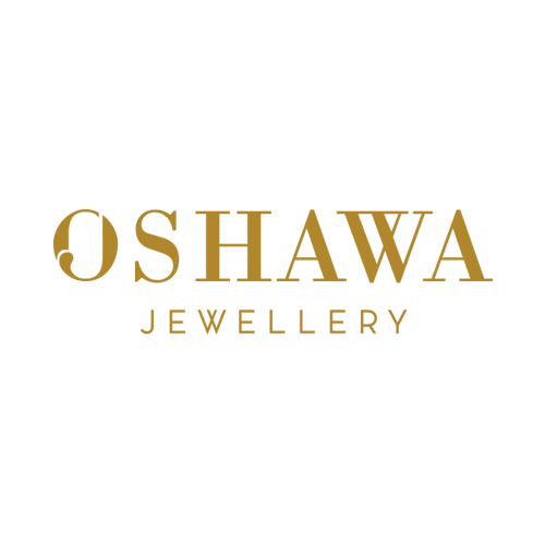 The logo for oshawa jewellery is a gold logo on a white background.