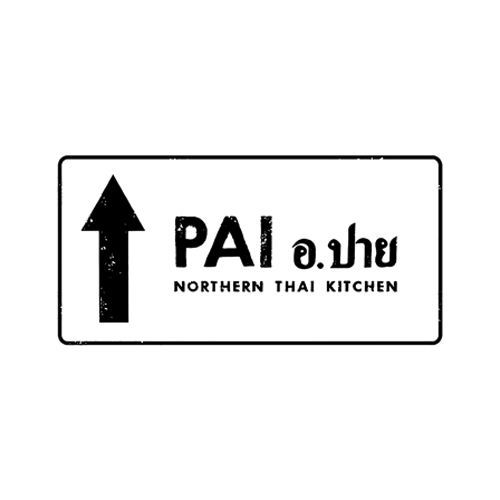 A black and white logo for pai northern thai kitchen with an arrow pointing up.