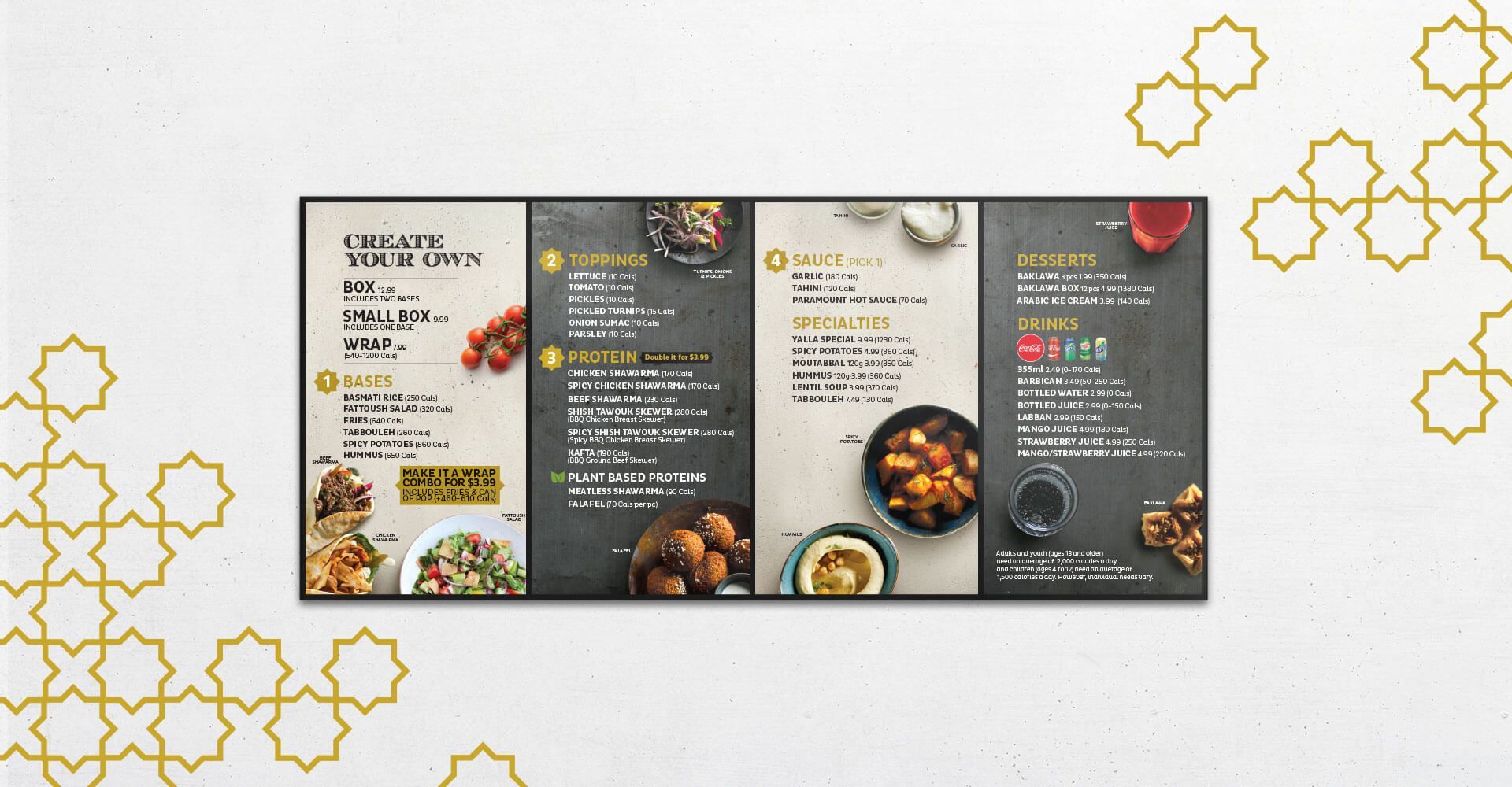 A menu for a restaurant with a picture of food on it.