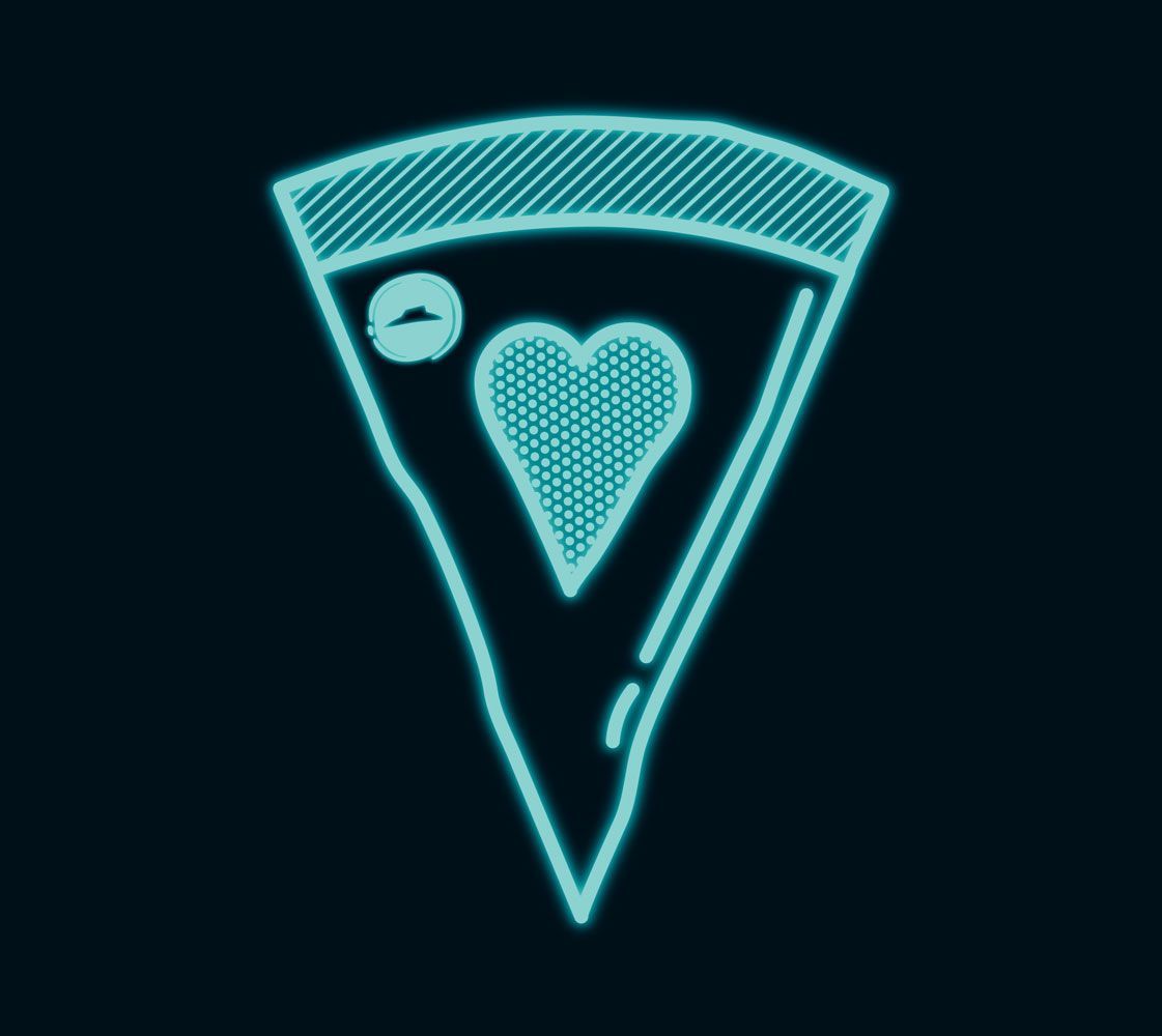 A neon sign of a slice of pizza with a heart on it.