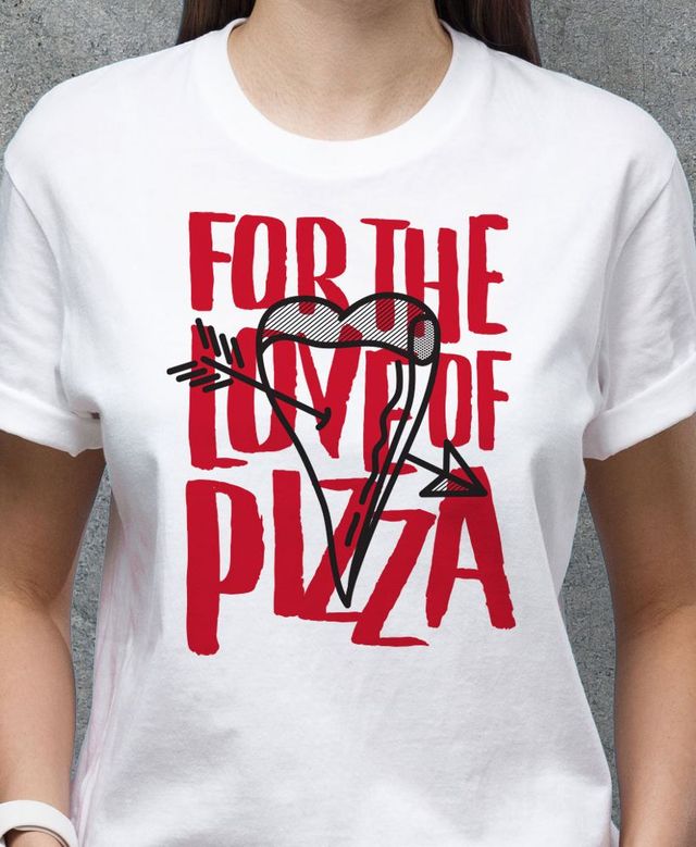 A woman is wearing a t-shirt that says for the love of pizza