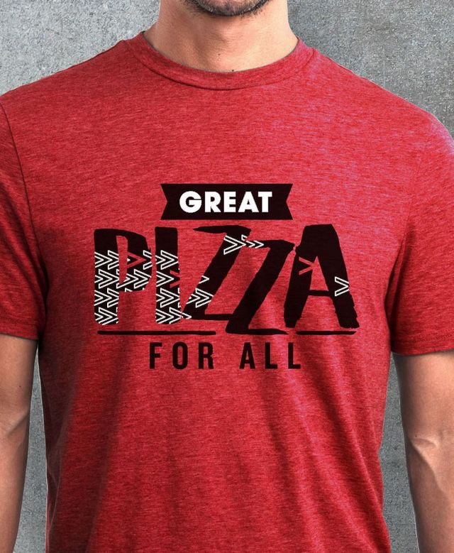 A man is wearing a red shirt that says great pizza for all