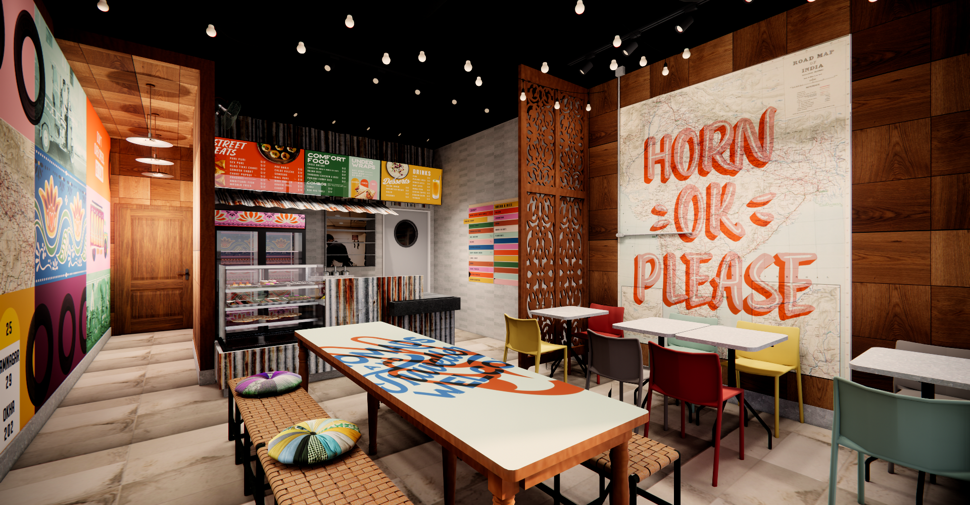 An artist 's impression of a restaurant with tables and chairs.
