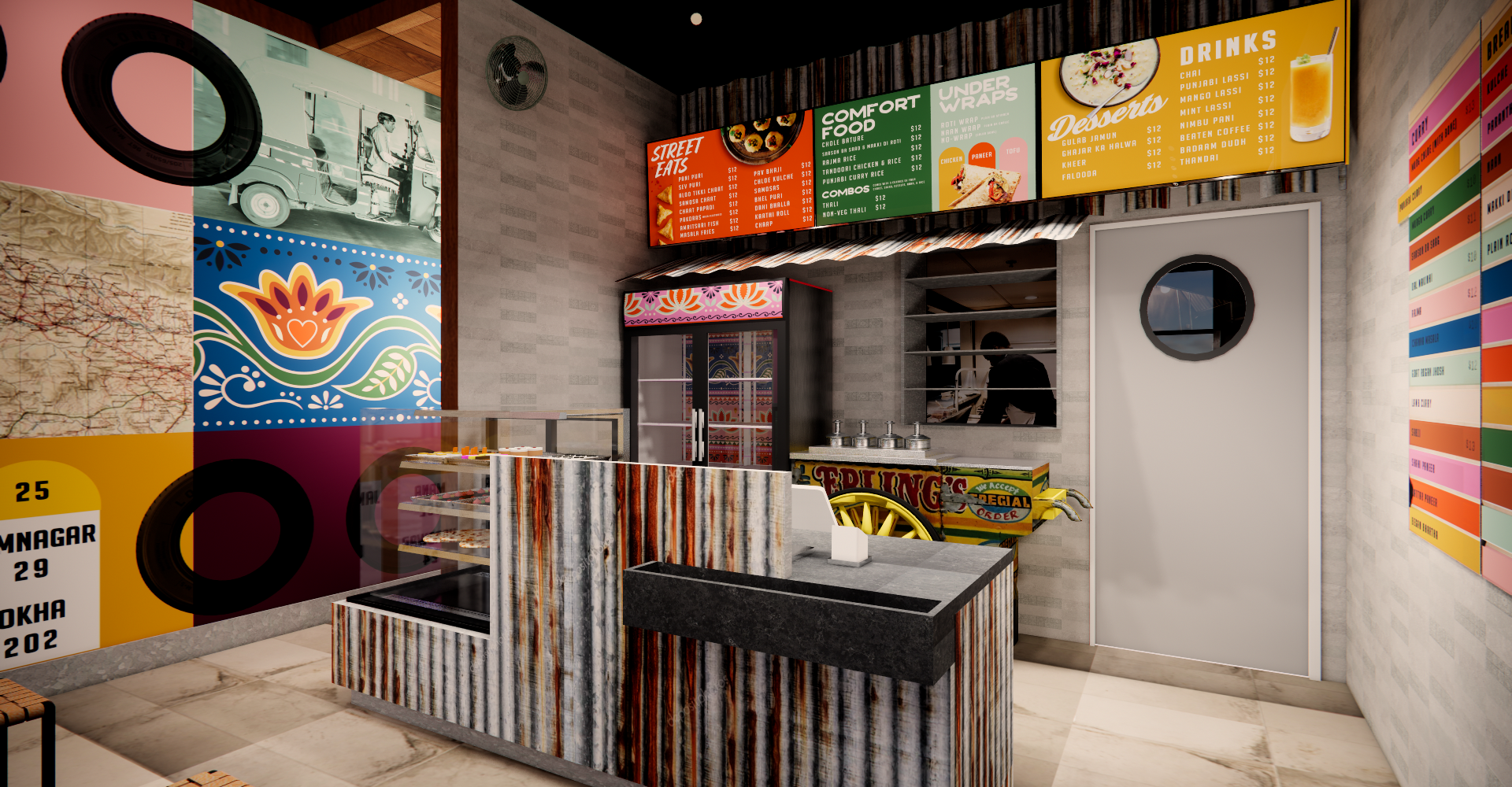 An artist 's impression of a restaurant with a counter and a refrigerator.