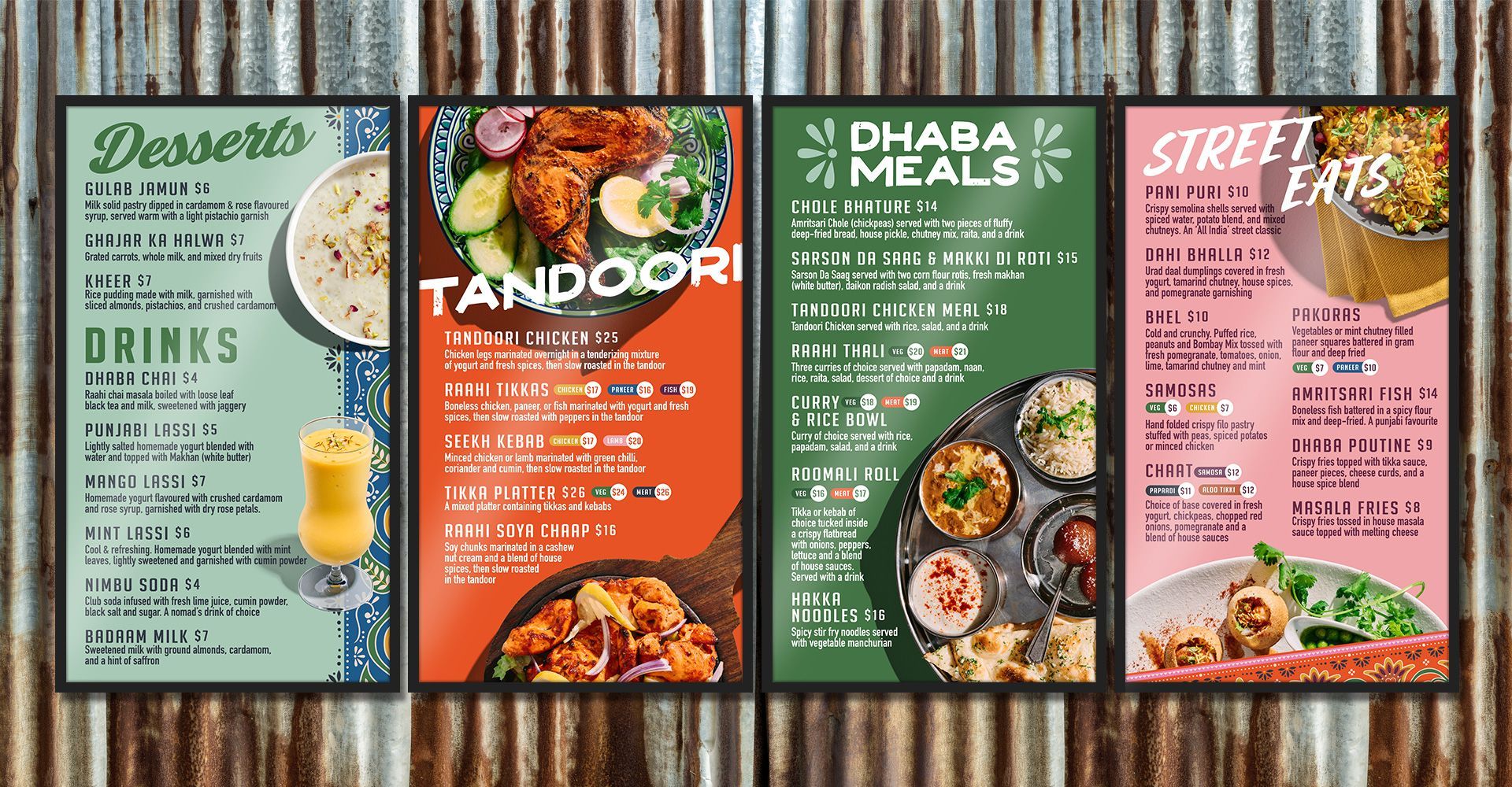 A set of four menus for a restaurant with different types of food.