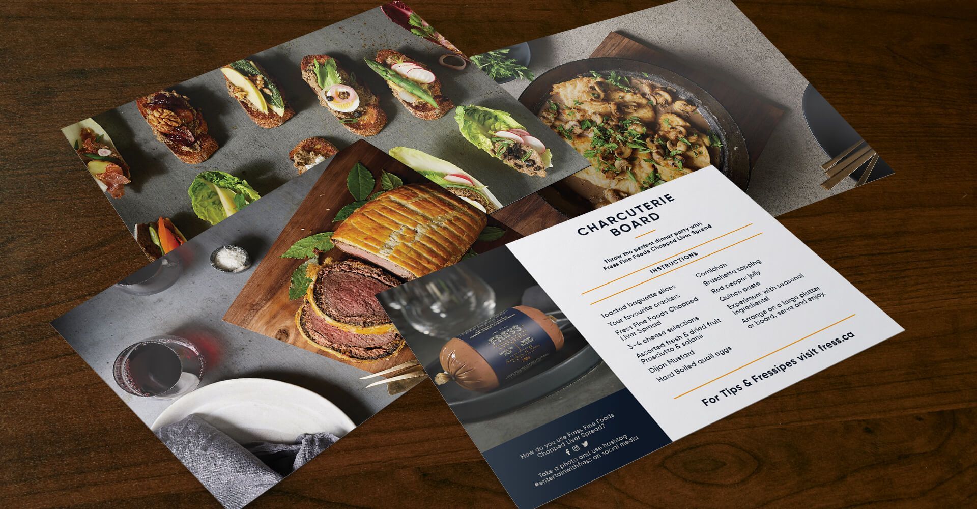 A menu with a picture of food on it is sitting on a wooden table.