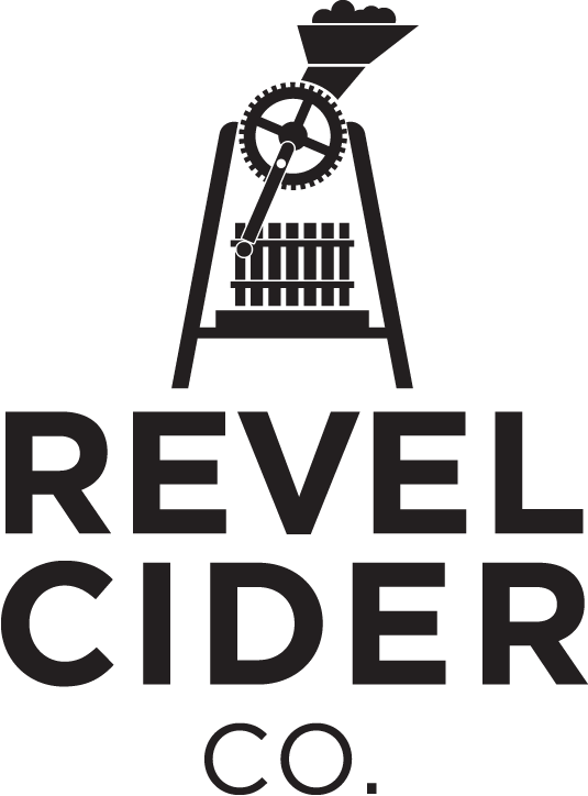 A black and white logo for revel cider co.