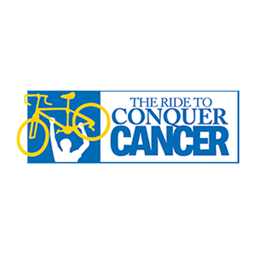 A blue and yellow logo for the ride to conquer cancer