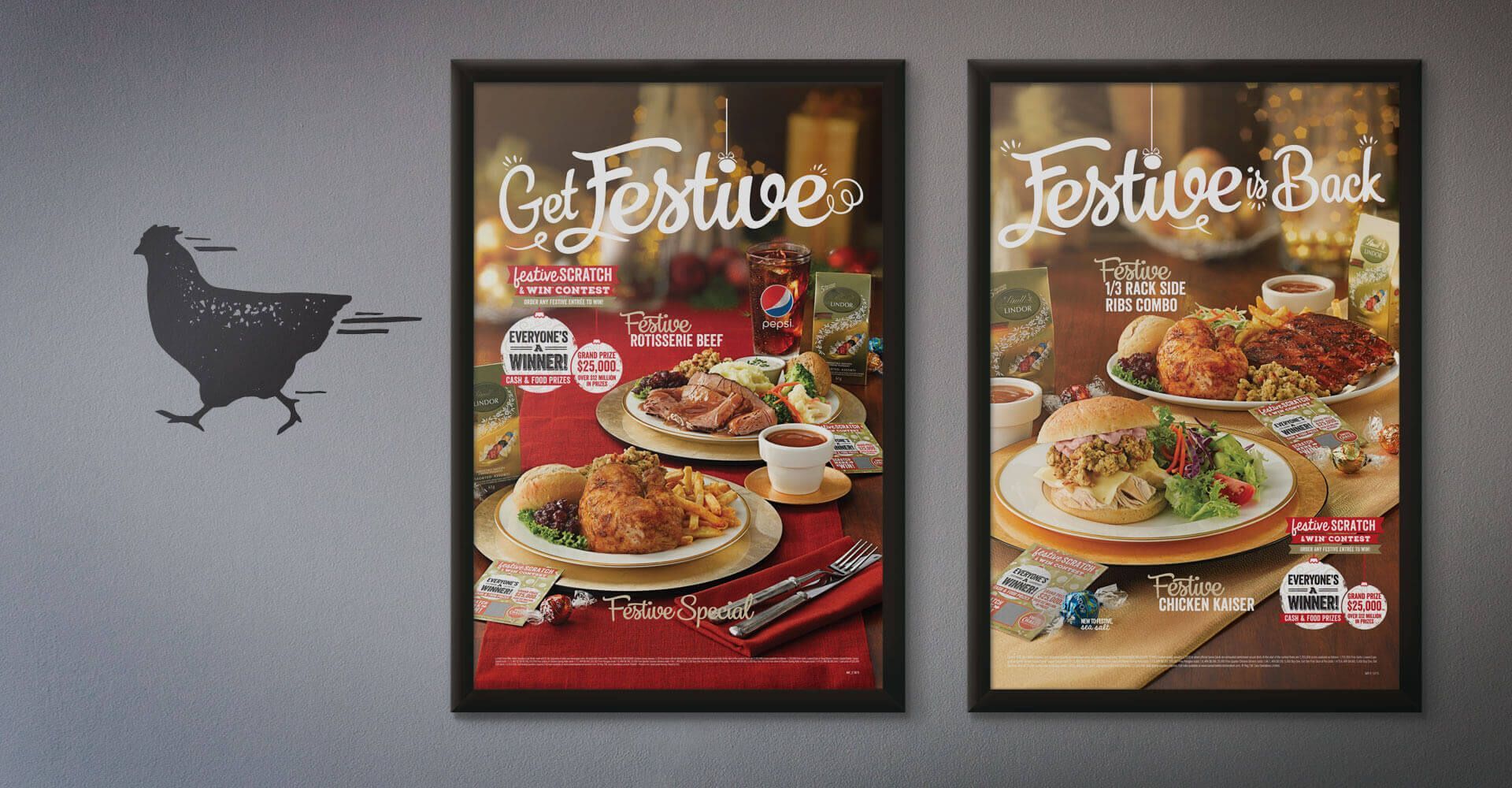 Two posters on a wall that say get festive and festive back