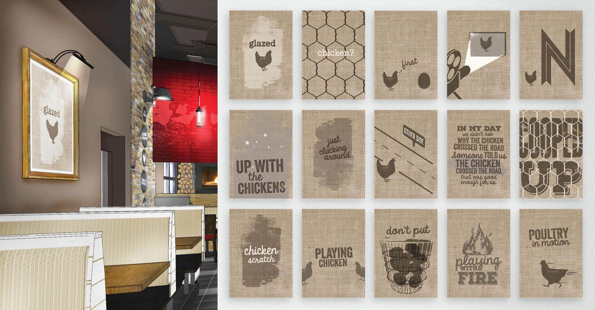 A picture of a restaurant with signs on the wall that say up with chickens