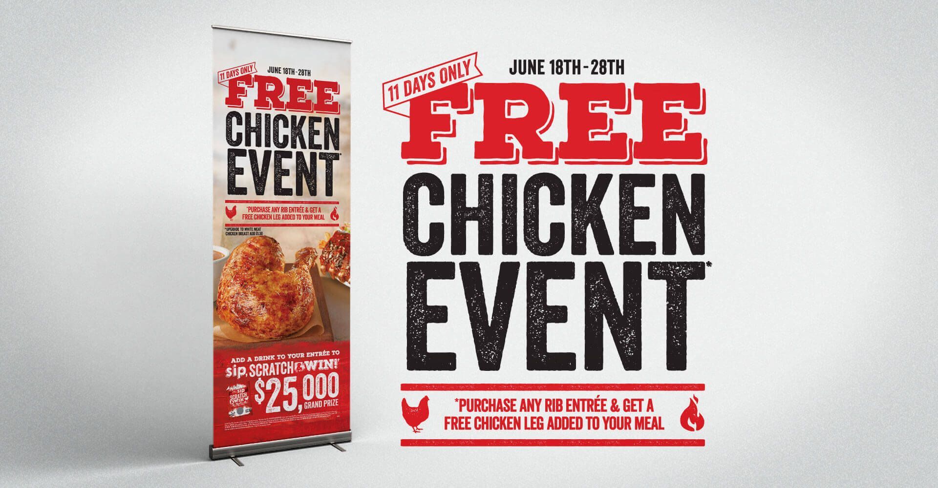A banner for a free chicken event with a picture of chicken on it