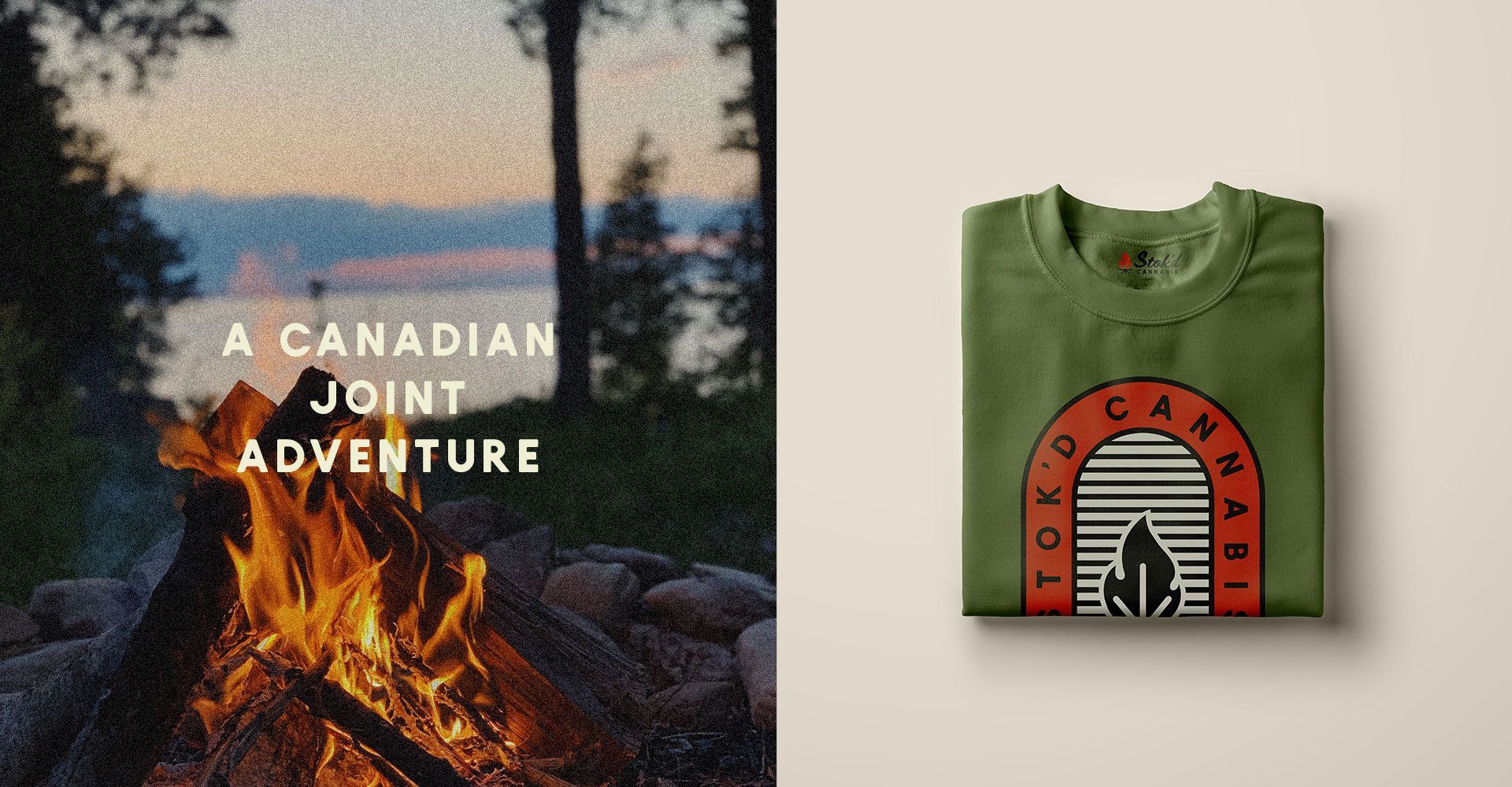 A picture of a campfire next to a t-shirt that says `` a canadian joint adventure ''.