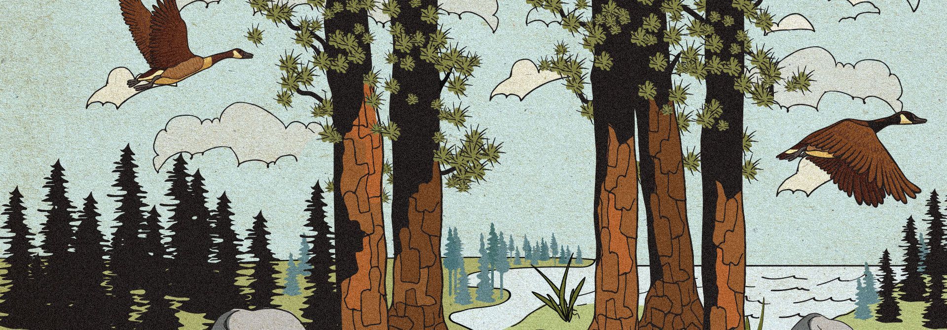 A painting of birds flying over a forest