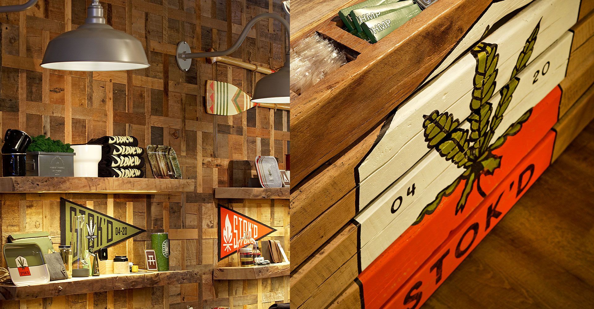 A wooden wall with a sign that says ' stok ' on it