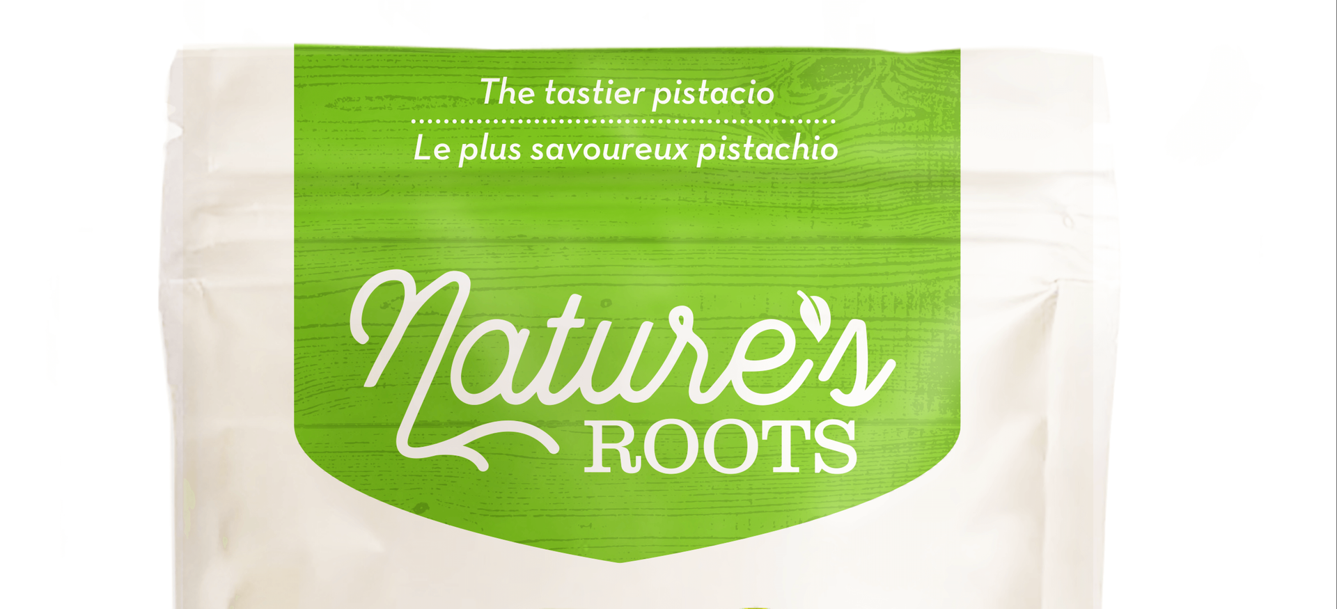 A bag of nature 's roots pistachios on a white background.
