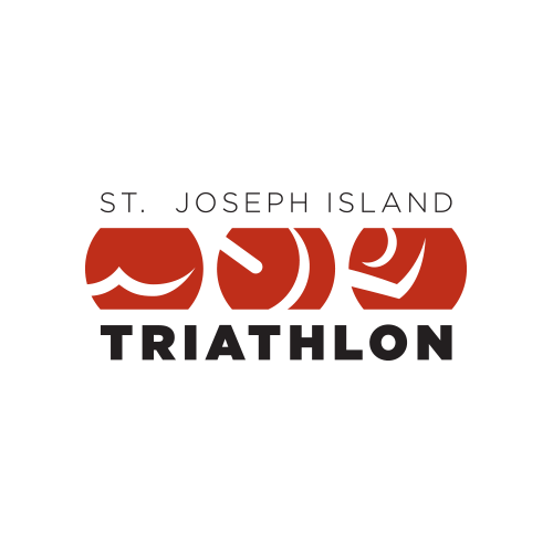 The logo for the st. joseph island triathlon is red and black.