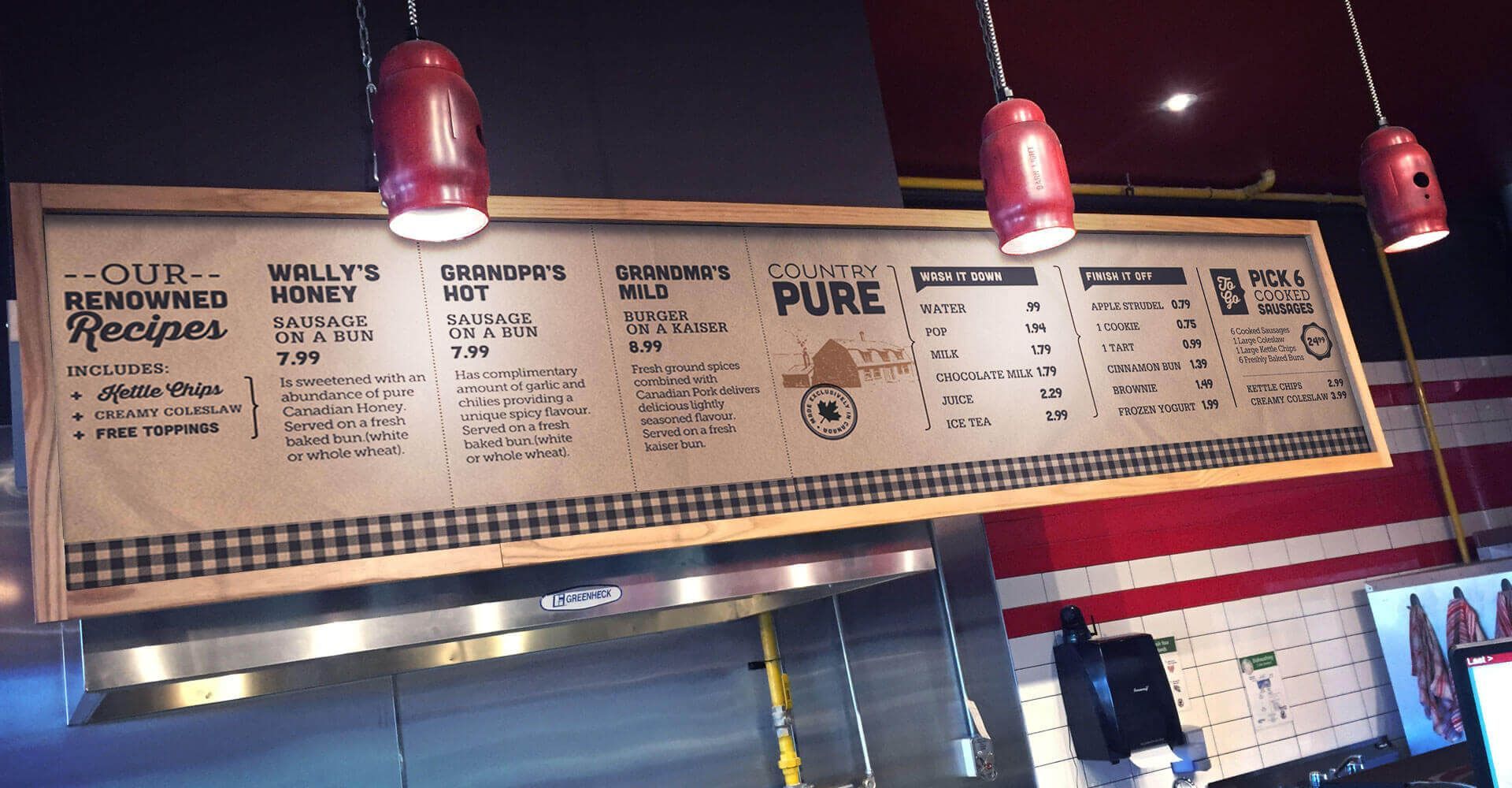 A menu board with the word pure on it