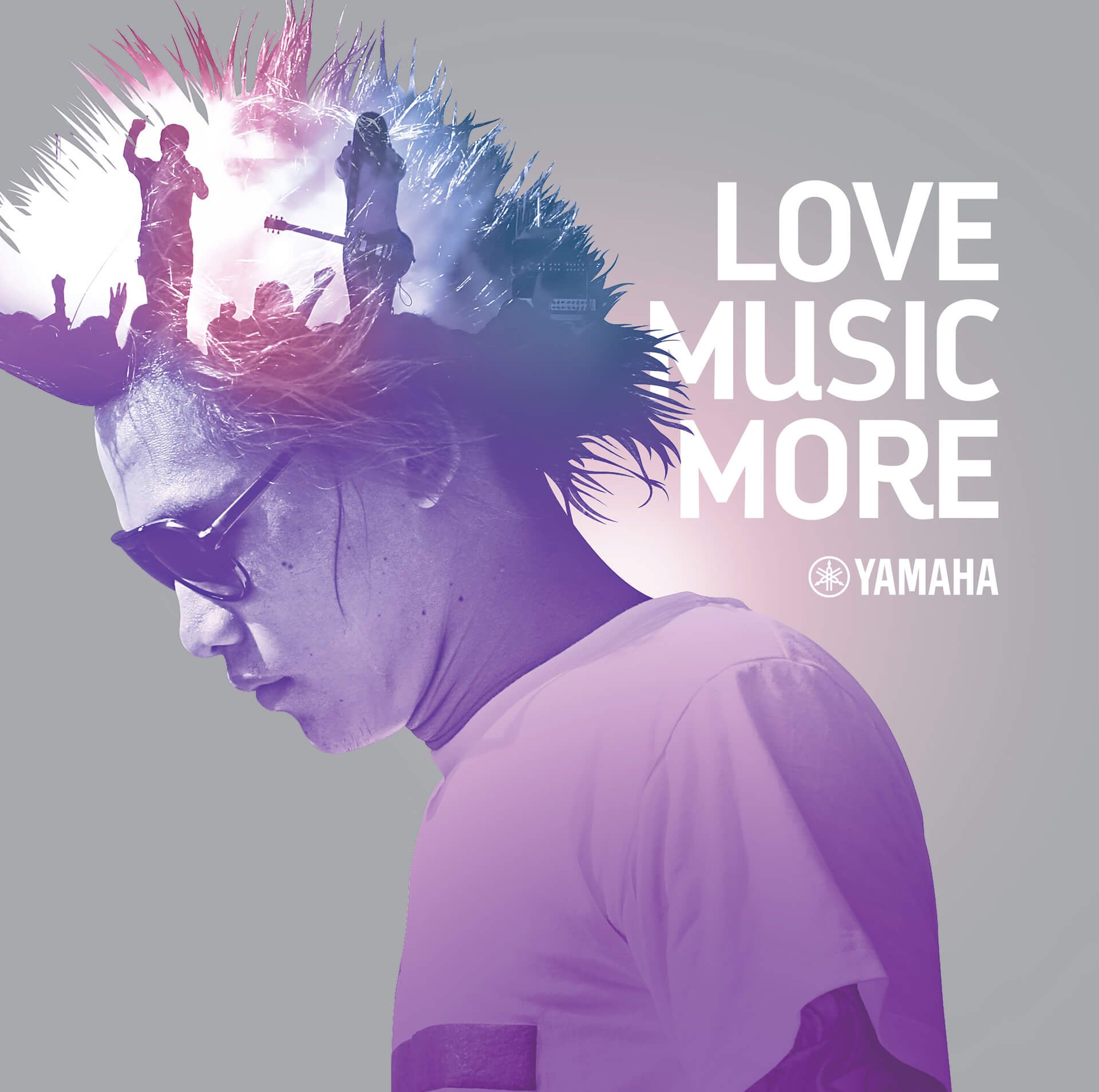 A man wearing sunglasses and a purple shirt with the words love music more on it