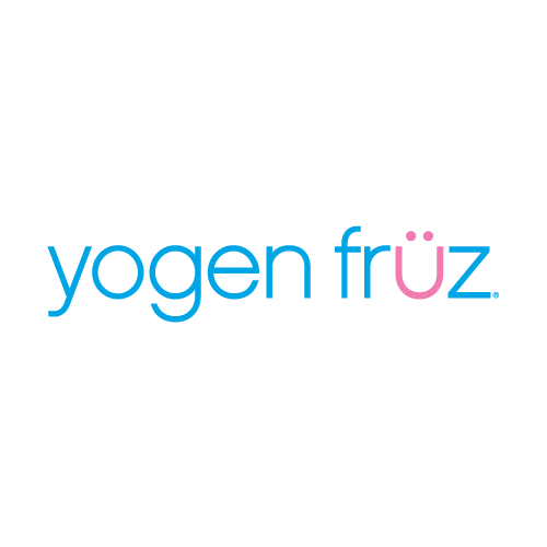 The logo for yogen fruz is blue and pink on a white background
