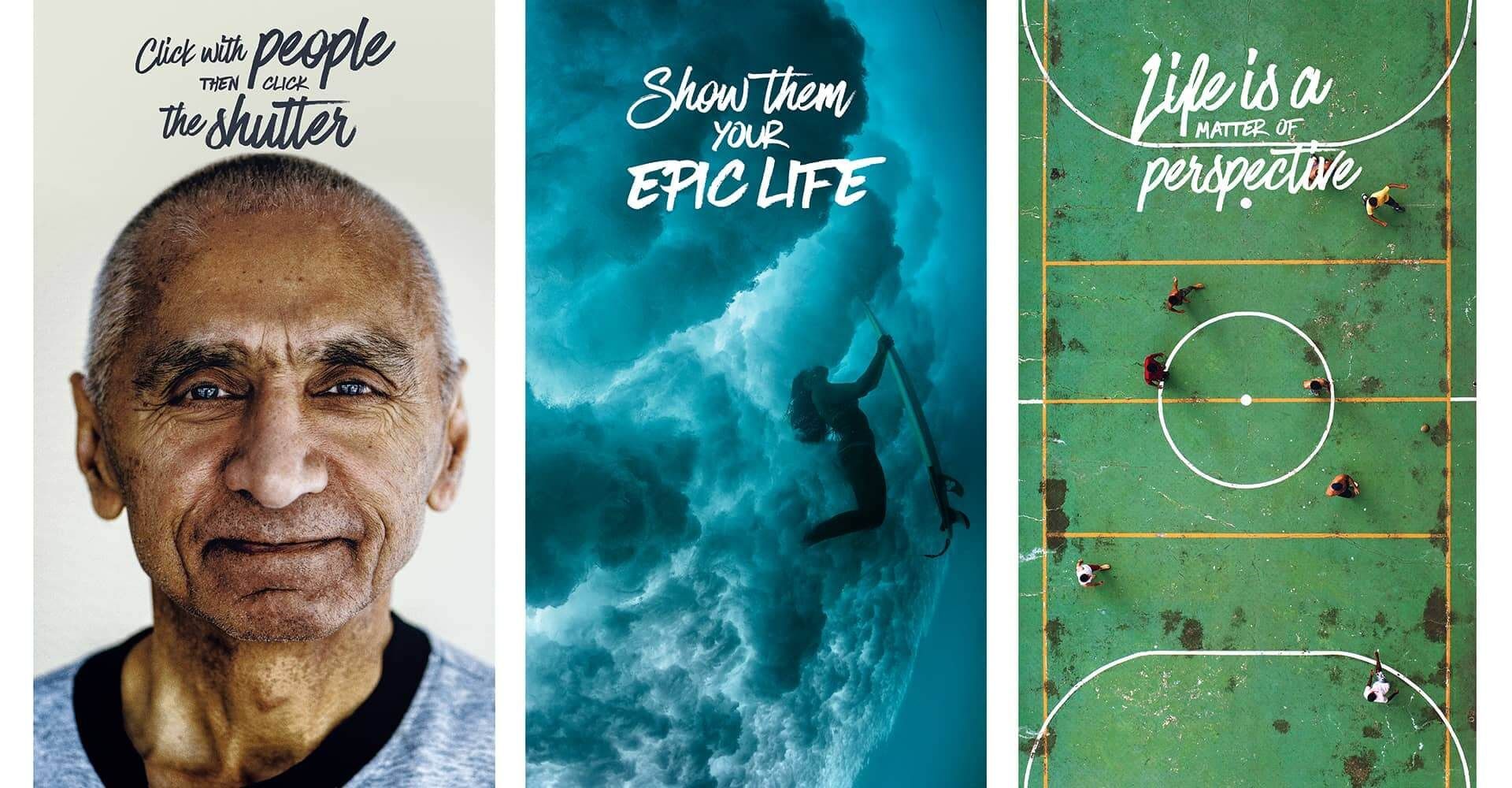 A man 's face is next to a picture of a surfer and a picture of a soccer field.