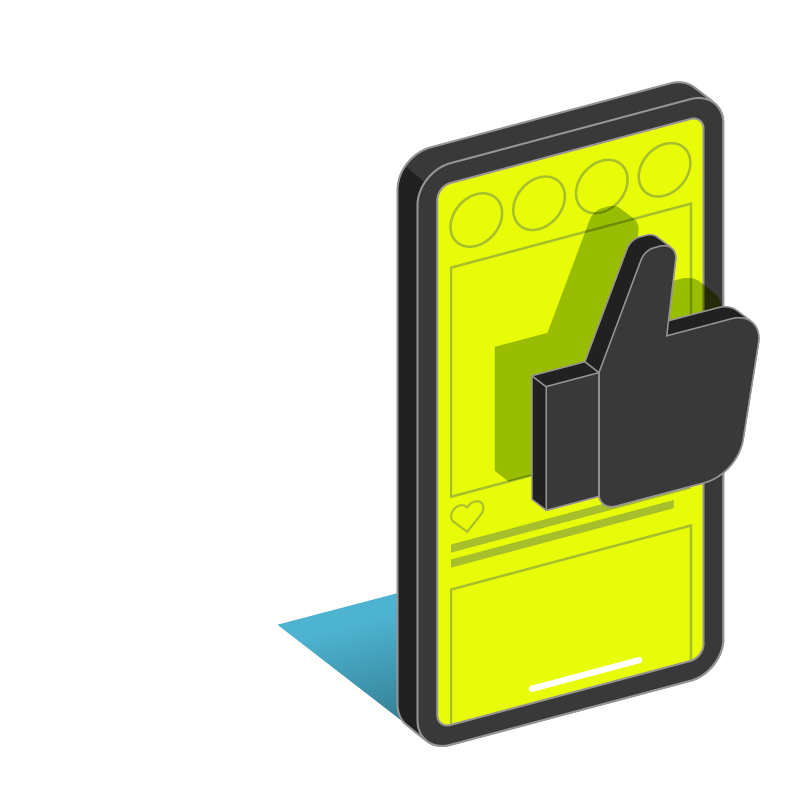 An isometric illustration of a cell phone with a thumbs up.